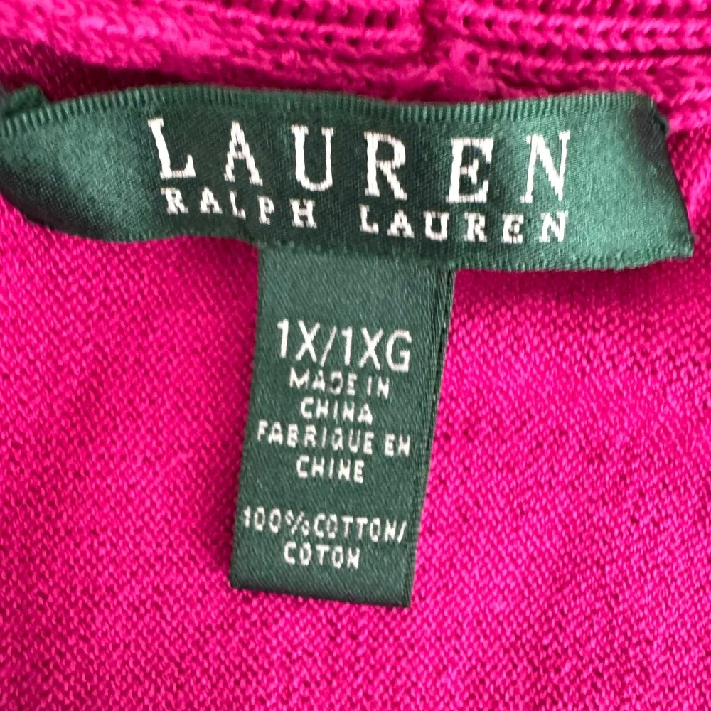 Lauren Ralph Lauren Cardigan Womens 1X Magenta Cotton‎ Ribbed Shawl Shawl Collar